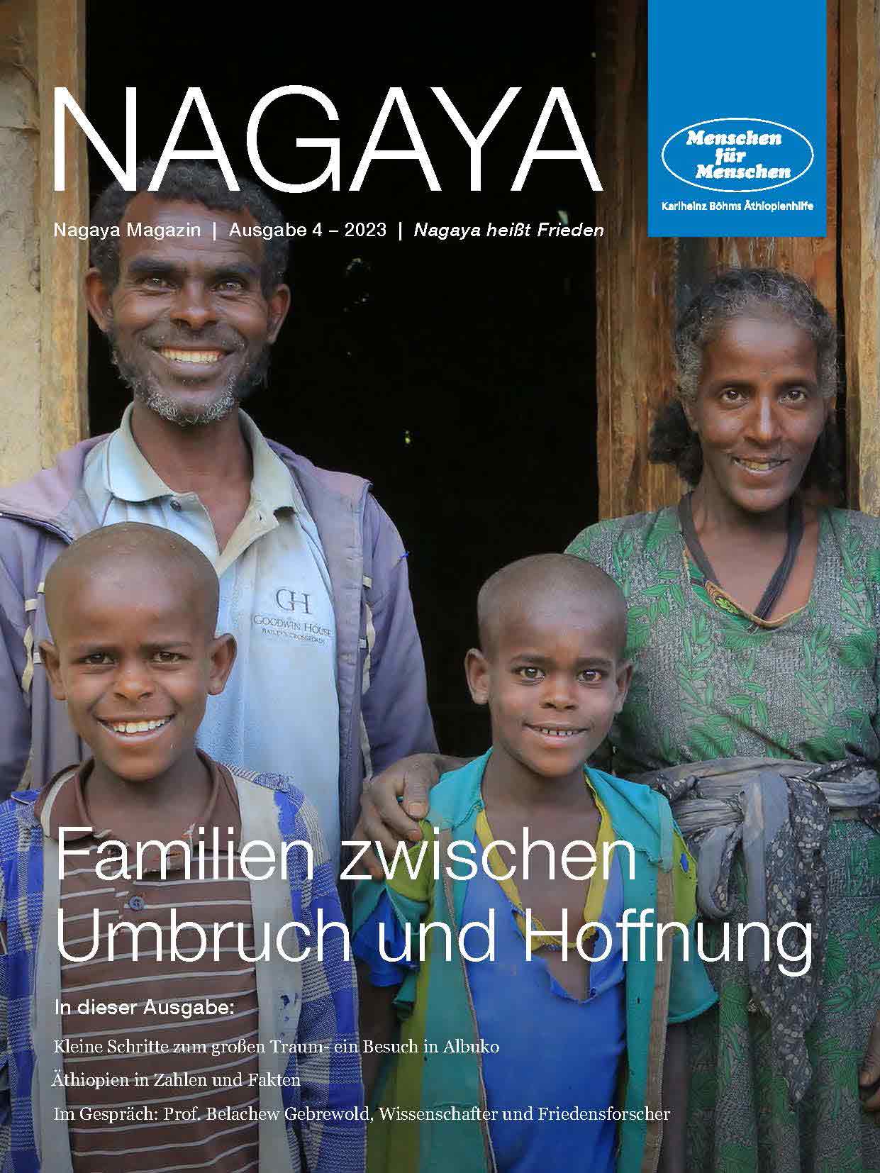 Cover des Nagaya-Magazins 4/2023 zeigt eine äthiopische Familie: Vater, Mutter, 2 Buben vor dem Eingang ihrer Hütte