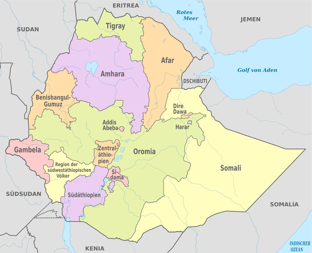 Eine Karte von Äthiopien mit der administrativen Gliederung in Regionalstaaten, Stand 2024