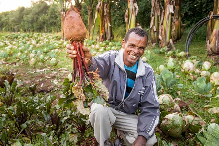 Ein Mann in Äthiopien hält eine rote Rübe in die Kamera
