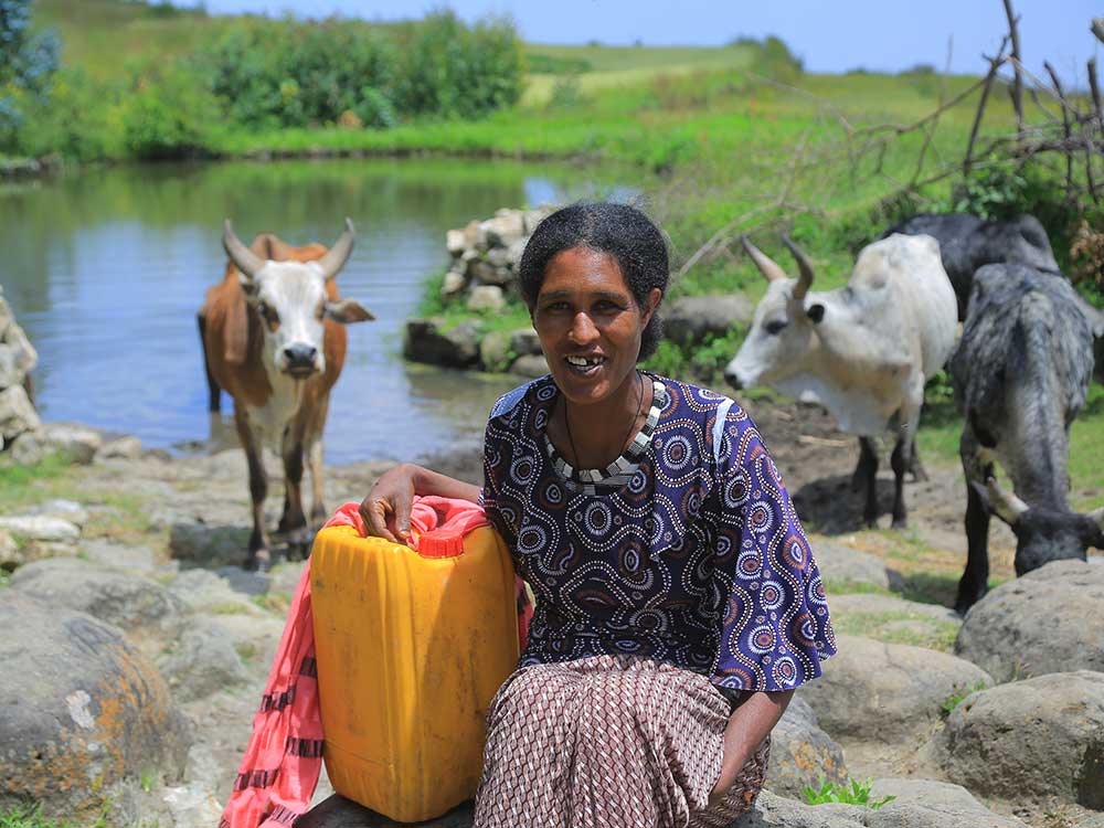 Eine äthiopische Frau sitzt mit einem gelben Wasserkanister vor einem Teich und blickt in die Kamera. Im Hintergrund sind Kühe zu sehen
