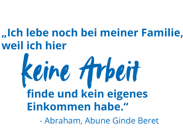 Das Bild zeigt ein Zitat: „Ich lebe noch bei meiner Familie, weil ich hier keine Arbeit finde und kein eigenes Einkommen habe.“ Abraham, Abune Ginde Beret